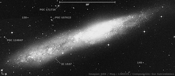 Detalle de NGC 55 (magnitudes fotométricas de LONEOS, sin punto decimal)